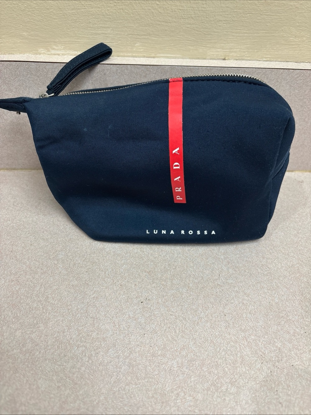 Prada Beauty Luna Rossa Make Up Bag Zip Pouch Navy Blue Toiletry Small Bag Cloth